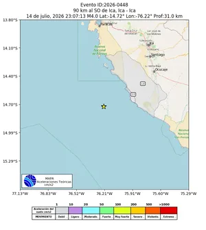 Mapa de aceleración teórica del sismo de magnitud 4 a 90 km al SO de Ica, Ica - Ica, Perú