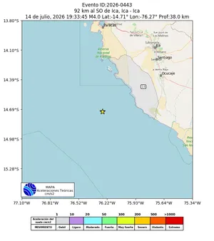 Mapa de aceleración teórica del sismo de magnitud 4 a 92 km al SO de Ica, Ica - Ica, Perú