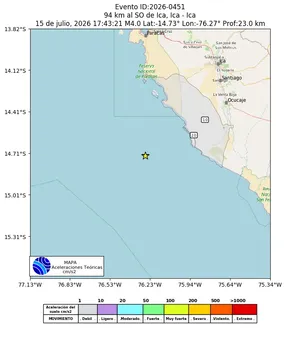 Mapa de aceleración teórica del sismo de magnitud 4 a 94 km al SO de Ica, Ica - Ica, Perú