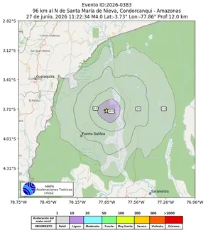 Mapa de aceleración teórica del sismo de magnitud 4 a 96 km al N de Santa María de Nieva, Condorcanqui - Amazonas, Perú