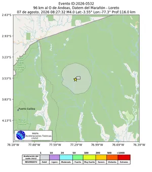 Mapa de aceleración teórica del sismo de magnitud 4 a 96 km al O de Andoas, Datem del Marañón - Loreto, Perú