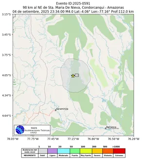 Mapa de aceleración teórica del sismo de magnitud 4 a 98 km al NE de Sta. Maria De Nieva, Condorcanqui - Amazonas, Perú