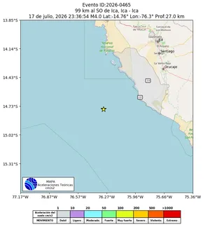 Mapa de aceleración teórica del sismo de magnitud 4 a 99 km al SO de Ica, Ica - Ica, Perú