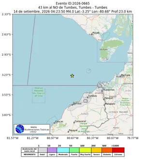 Mapa de aceleración teórica del sismo de magnitud 4 a 43 km al NO de Tumbes, Tumbes - Tumbes, Perú