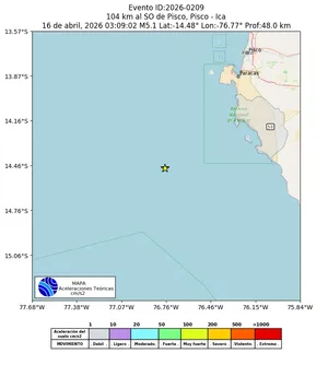 Mapa de aceleración teórica del sismo de magnitud 5.1 a 104 km al SO de Pisco, Pisco - Ica, Perú