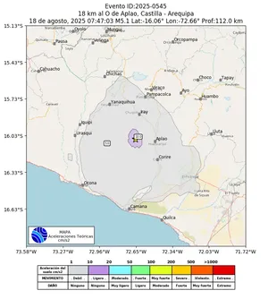 Mapa de aceleración teórica del sismo de magnitud 5.1 a 18 km al O de Aplao, Castilla - Arequipa, Perú