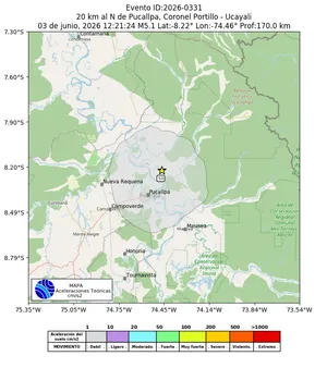 Mapa de aceleración teórica del sismo de magnitud 5.1 a 20 km al N de Pucallpa, Coronel Portillo - Ucayali, Perú