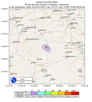 Mapa de aceleración teórica del sismo de magnitud 5.1 a 52 km al O de Chuschi, Cangallo - Ayacucho, Perú