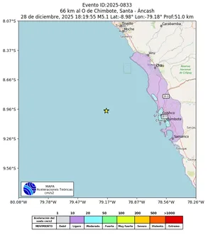 Mapa de aceleración teórica del sismo de magnitud 5.1 a 66 km al O de Chimbote, Santa - Áncash, Perú