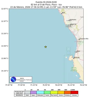 Mapa de aceleración teórica del sismo de magnitud 5.1 a 82 km al O de Pisco, Pisco - Ica, Perú