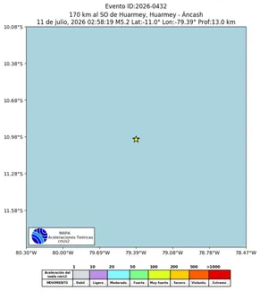 Mapa de aceleración teórica del sismo de magnitud 5.2 a 170 km al SO de Huarmey, Huarmey - Áncash, Perú