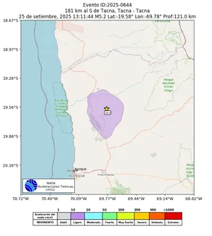 Mapa de aceleración teórica del sismo de magnitud 5.2 a 181 km al S de Tacna, Tacna - Tacna, Perú
