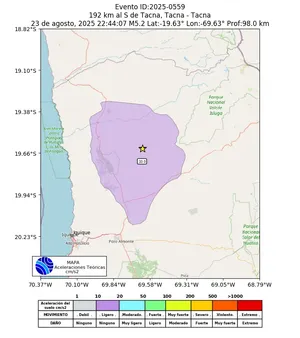 Mapa de aceleración teórica del sismo de magnitud 5.2 a 192 km al S de Tacna, Tacna - Tacna, Perú
