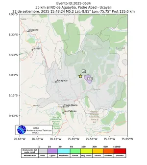 Mapa de aceleración teórica del sismo de magnitud 5.2 a 35 km al NO de Aguaytia, Padre Abad - Ucayali, Perú
