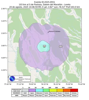 Mapa de aceleración teórica del sismo de magnitud 5.3 a 103 km al S de Pastaza, Datem del Marañón - Loreto, Perú