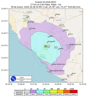 Mapa de aceleración teórica del sismo de magnitud 5.3 a 27 km al S de Palpa, Palpa - Ica, Perú