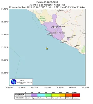 Mapa de aceleración teórica del sismo de magnitud 5.3 a 39 km al S de Marcona, Nazca - Ica, Perú