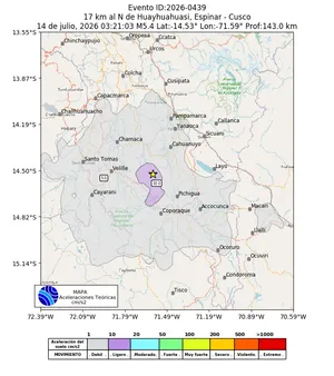 Mapa de aceleración teórica del sismo de magnitud 5.4 a 17 km al N de Huayhuahuasi, Espinar - Cusco, Perú