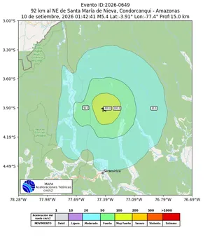 Mapa de aceleración teórica del sismo de magnitud 5.4 a 92 km al NE de Santa María de Nieva, Condorcanqui - Amazonas, Perú