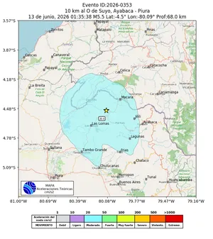Mapa de aceleración teórica del sismo de magnitud 5.5 a 10 km al O de Suyo, Ayabaca - Piura, Perú