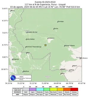 Mapa de aceleración teórica del sismo de magnitud 5.5 a 117 km al N de Esperanza, Purus - Ucayali, Perú