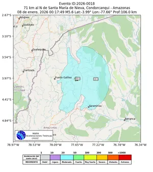 Mapa de aceleración teórica del sismo de magnitud 5.6 a 71 km al N de Santa María de Nieva, Condorcanqui - Amazonas, Perú