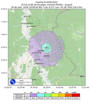 Mapa de aceleración teórica del sismo de magnitud 5.7 a 42 km al NE de Pucallpa, Coronel Portillo - Ucayali, Perú