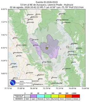 Mapa de aceleración teórica del sismo de magnitud 5.7 a 53 km al NE de Aucayacu, Leoncio Prado - Huánuco, Perú