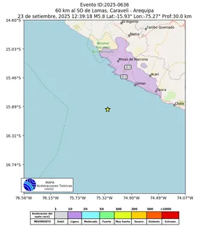 Mapa de aceleración teórica del sismo de magnitud 5.8 a 60 km al SO de Lomas, Caraveli - Arequipa, Perú