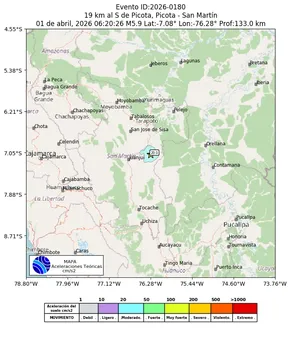 Mapa de aceleración teórica del sismo de magnitud 5.9 a 19 km al S de Picota, Picota - San Martín, Perú