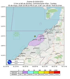 Mapa de aceleración teórica del sismo de magnitud 5 a 13 km al NE de Zorritos, Contralmirante Villar - Tumbes, Perú