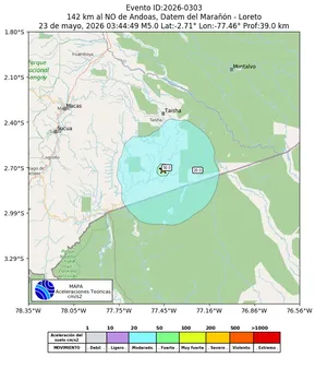 Mapa de aceleración teórica del sismo de magnitud 5 a 142 km al NO de Andoas, Datem del Marañón - Loreto, Perú