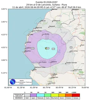 Mapa de aceleración teórica del sismo de magnitud 5 a 29 km al O de Lancones, Sullana - Piura, Perú