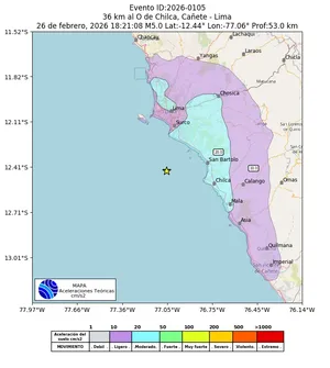 Mapa de aceleración teórica del sismo de magnitud 5 a 36 km al O de Chilca, Cañete - Lima, Perú