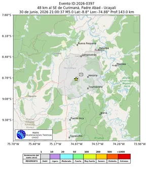 Mapa de aceleración teórica del sismo de magnitud 5 a 48 km al SE de Curimaná, Padre Abad - Ucayali, Perú