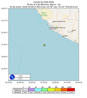 Mapa de aceleración teórica del sismo de magnitud 5 a 50 km al S de Marcona, Nasca - Ica, Perú