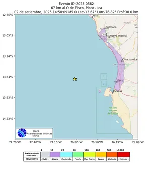Mapa de aceleración teórica del sismo de magnitud 5 a 67 km al O de Pisco, Pisco - Ica, Perú