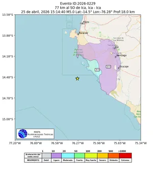 Mapa de aceleración teórica del sismo de magnitud 5 a 77 km al SO de Ica, Ica - Ica, Perú