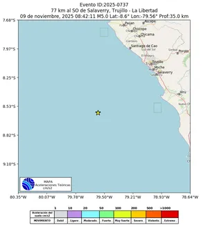 Mapa de aceleración teórica del sismo de magnitud 5 a 77 km al SO de Salaverry, Trujillo - La Libertad, Perú