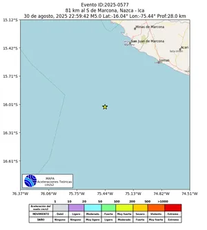 Mapa de aceleración teórica del sismo de magnitud 5 a 81 km al S de Marcona, Nazca - Ica, Perú
