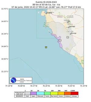 Mapa de aceleración teórica del sismo de magnitud 5 a 88 km al SO de Ica, Ica - Ica, Perú