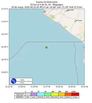 Mapa de aceleración teórica del sismo de magnitud 5 a 93 km al S de Ilo, Ilo - Moquegua, Perú