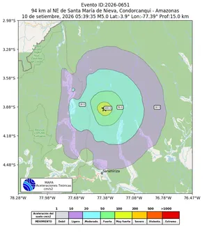 Mapa de aceleración teórica del sismo de magnitud 5 a 94 km al NE de Santa María de Nieva, Condorcanqui - Amazonas, Perú