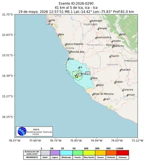 Mapa de aceleración teórica del sismo de magnitud 6.1 a 41 km al S de Ica, Ica - Ica, Perú