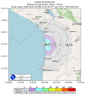 Mapa de aceleración teórica del sismo de magnitud 6.5 a 240 km al S de Tacna, Tacna - Tacna, Perú