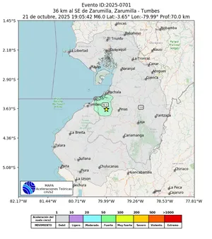 Mapa de aceleración teórica del sismo de magnitud 6 a 36 km al SE de Zarumilla, Zarumilla - Tumbes, Perú