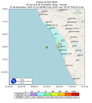 Mapa de aceleración teórica del sismo de magnitud 6 a 67 km al O de Chimbote, Santa - Áncash, Perú