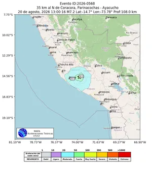 Mapa de aceleración teórica del sismo de magnitud 7.2 a 35 km al N de Coracora, Parinacochas - Ayacucho, Perú