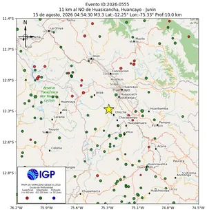Mapa sísmico del sismo de magnitud 3.3 a 11 km al NO de Huasicancha, Huancayo - Junín, Perú