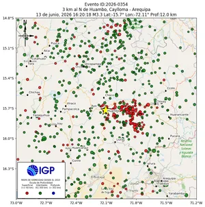 Mapa sísmico del sismo de magnitud 3.3 a 3 km al N de Huambo, Caylloma - Arequipa, Perú